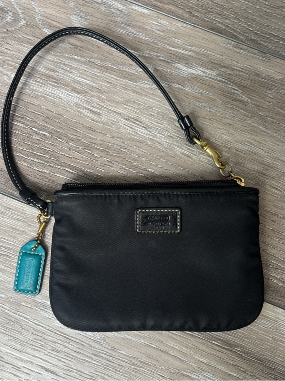 Coach Black Nylon Wristlet with Teal Leather Tag